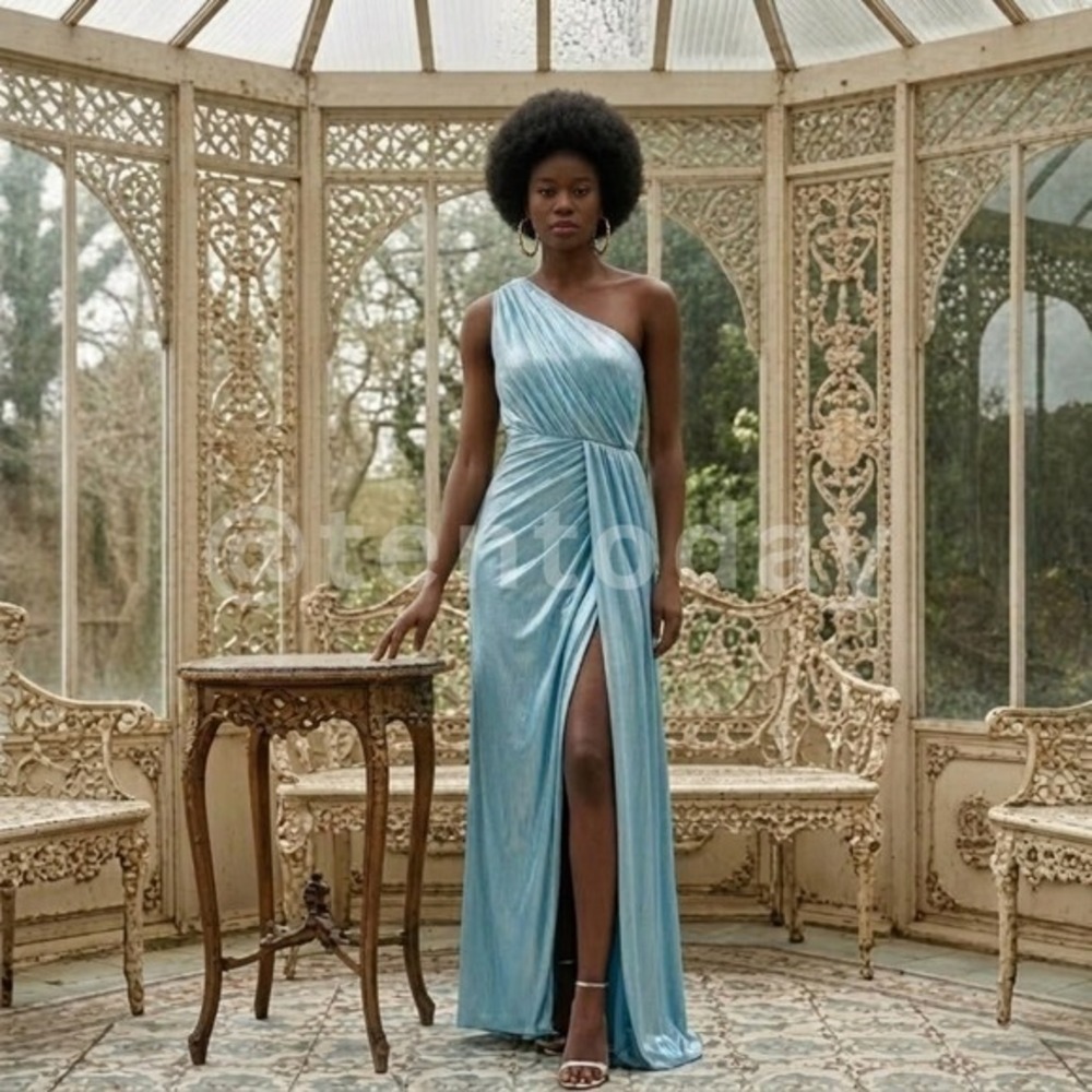 $398 Mac Duggal Size 10 Metallic Light Blue Jersey Long Maxi Gown Formal Dress